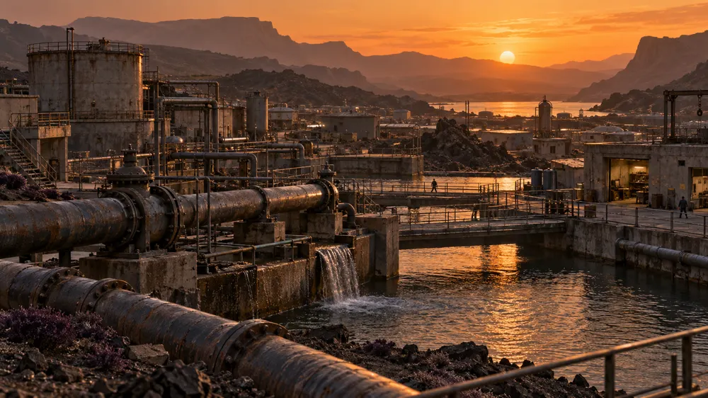 Illustration de l’univers : quartiers bas d’une ville industrielle au crépuscule, larges canalisations rivetées, bassins de retenue et petites constructions de béton au bord de l’eau.